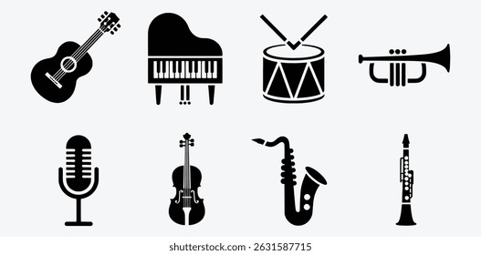 Musical instruments icons set black silhouettes collection