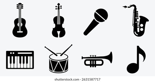 Musical instruments icons set black silhouettes vector illustration