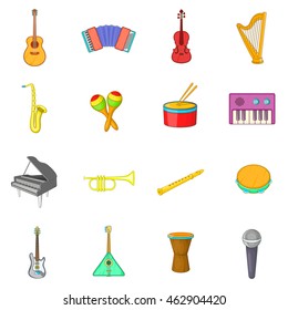 Symbole von Musikinstrumenten im Cartoon-Stil. Vektorillustration der Sammlung von Musikgeräten, Illustration