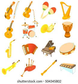 Musical instruments icons set. Cartoon illustration of 16 musical instruments vector icons for web