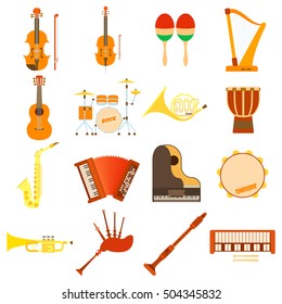 Musical instruments icons set. Flat illustration of 16 musical instruments vector icons for web