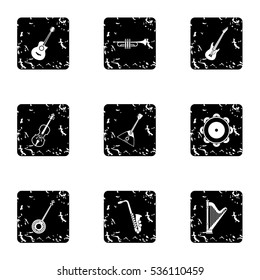 Musical instruments icons set. Grunge illustration of 9 musical instruments vector icons for web