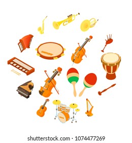 Musical instruments icons set. Isometric illustration of 16 musical instruments vector icons for web