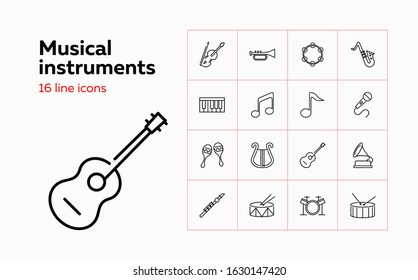 Musical instruments icons. Set of line icons on white background. Music band, concert, orchestra. Music concept. Vector can be used for topics like leisure, performance, art