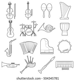 Musical instruments icons set. Outline illustration of 16 musical instruments vector icons for web