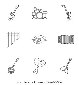 Musical instruments icons set. Outline illustration of 9 musical instruments vector icons for web