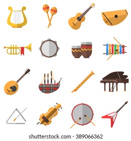 Musical instruments icons set with piano guitar and drums flat isolated vector illustration 