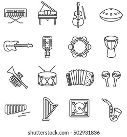 Musical Instruments Icons Set. Various Devices For Music Linear Symbols Collection.