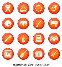 Musical instruments icons set vector red circle isolated on white background 