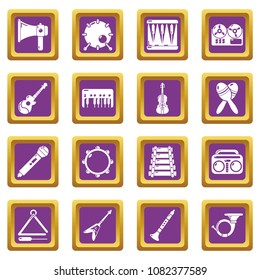 Musical instruments icons set vector purple square isolated on white background 