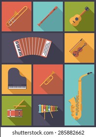 Musical Instruments Icons Vector Illustration. Vertical flat design illustration with icons of musical instruments children can learn.