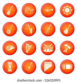 Musical instruments icons vector set of red circles isolated on white background