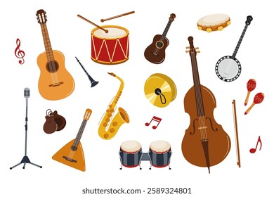 Musical instruments illustrated in a vibrant arrangement showcasing diverse sounds and styles