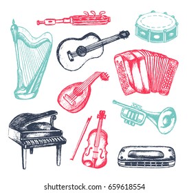 Musical Instruments - Illustration Of Color Vector Hand Drawn Vintage Composition. Violin, Snare Drum, Flute, Guitar, Harp, Trombone, Accordion, Piano, Harmonica, Lute. A Display For Your Band, Store.