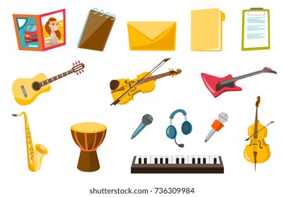 Musical instruments illustrations set. Collection of musical instruments including guitar, cello, saxophone, drum, microphone, violin, piano. Vector cartoon illustrations isolated on white background