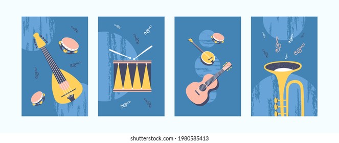 Musical instruments illustrations set in pastel colors. Collection of art posters in retro style. Guitar, drum, tambourine, pipe on blue background. Art concept for banners, website design