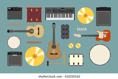 Musical instruments include guitar, drum, amplifier and keyboard in flat icon design on vintage background (vector)