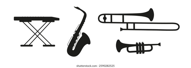 Musical instruments including keyboard, saxophone, trombone, and trumpet displayed together