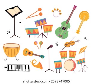 Musical instruments. Isolated cartoon abstract instrument. Guitar, violin, drums, cello, clarinet. Music stand and microphone on a stand, vector clipart