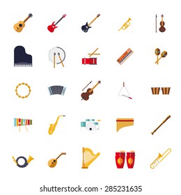 Colección de Iconos Vectoriales de Diseño Plano Aislado de Instrumentos Musicales. Conjunto de 25 símbolos relacionados con la música en fondo blanco.