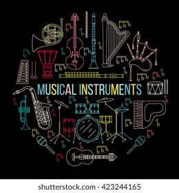 Musical instruments isolated on black background. Vector illustration. Saxophone, cello, french horn, guitar, piano, bagpipes and others. Design concept for poster, banner, emblem. Modern line style. 