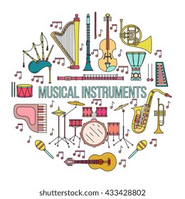 Musical instruments isolated on black background. Vector illustration. Saxophone, cello, french horn, guitar, piano, bagpipes and others. Design concept for poster, banner, emblem. Modern line style.