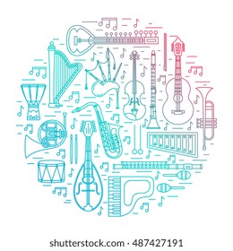 Musical instruments isolated on black background. Vector illustration. Design concept for poster, banner, emblem. Modern line style.