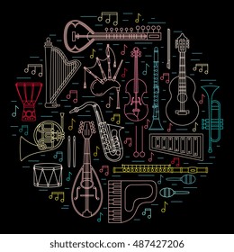 Musical instruments isolated on black background. Vector illustration. Saxophone, cello, french horn, guitar, piano, bagpipes and others. Design concept for poster, banner, emblem. Modern line style.