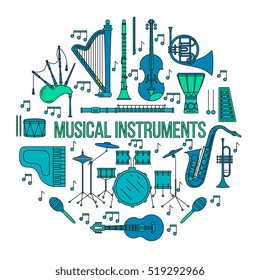 Musical instruments isolated on black background. Vector illustration. Saxophone, cello, french horn, guitar, piano, bagpipes and others. Design concept for poster, banner, emblem. Modern style.