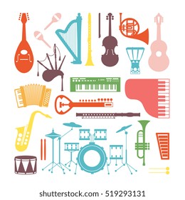 Musical instruments isolated on black background. Vector illustration. Saxophone, cello, french horn, guitar, piano, bagpipes and others. Design concept for poster, banner, emblem. Modern style.