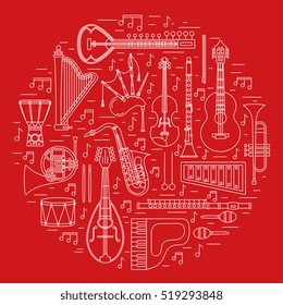 Musical instruments isolated on black background. Vector illustration. Saxophone, cello, french horn, guitar, piano, bagpipes and others. Design concept for poster, banner, emblem. Modern style.