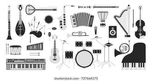 Musical instruments isolated on black background. Vector illustration. Saxophone, cello, french horn, guitar, piano, bagpipes and others. Design concept for poster, banner, emblem. Modern line style.