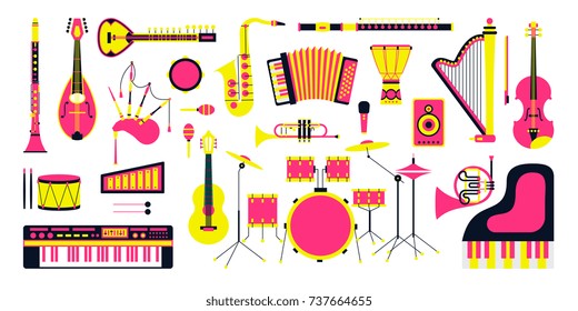 Musical instruments isolated on black background. Vector illustration. Saxophone, cello, french horn, guitar, piano, bagpipes and others. Design concept for poster, banner, emblem. Modern line style.