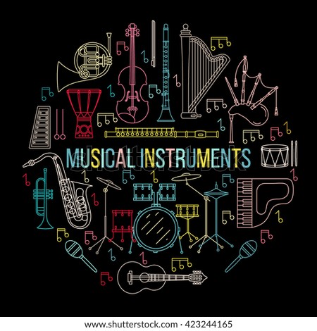 Musical instruments isolated on black background. Vector illustration. Saxophone, cello, french horn, guitar, piano, bagpipes and others. Design concept for poster, banner, emblem. Modern line style. 