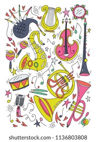 Musical instruments isolated on white background. Vector illustration. Saxophone, cello, french horn, bagpipes flute and others. Design concept for poster, banner, emblem. Modern fun cartoon style.