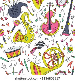 Musical instruments isolated on white background - seamless pattern . Vector illustration. Saxophone, cello, french horn, bagpipes flute. Design for paper, textile. Modern fun cartoon style.