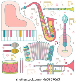 Musical instruments isolated on white background. Vector illustration in modern line flat style. Design elements - piano, saxophone, trumpet, drum, drumsticks, accordion, tuba, maracas, guitar.