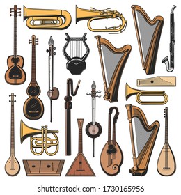 Instrumentos musicales aislados de vectores tuba, arpa y balalaika, klappenhorn, clarinete alto o alquitrán. Instrumentos musicales Kemanche, chattar y tanbur, cornet y gusli, saz y trompeta