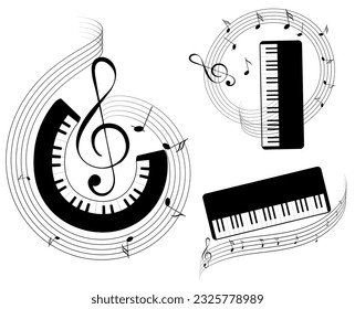 Musical instruments. Musical keyboard with notes. Can be used for t-shirt, emblem,  concert, music, school