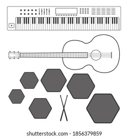Musical Instruments: Keyboards, Guitar, Drummers, Vector Illustration