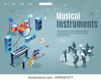 Musical Instruments landing page with people singing and playing various musical instruments, modern concert poster, audio blog concept, Isometric Vector illustration on isolated background