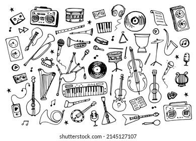Musical instruments a large set of painted doodle icons.  hand-drawn in cartoon style, isolated black outline on white Sheet music, drums, strings and wind instruments and electronic equipment Classic