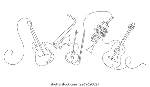 Colección de dibujos minimalistas de guitarra, trompeta y violín, saxofón. Esbozo, creatividad y arte. Ilustraciones cartográficas de vectores planos aisladas en fondo blanco