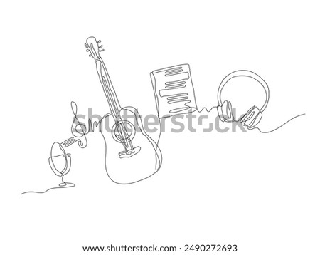 Musical instruments line art. Single line vector illustration. Performance of the song