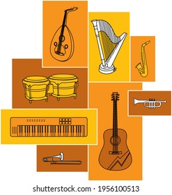 Musical instruments line art vector illustration.