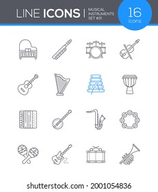 Musical instruments - line design style icons set. Music school, sound studio idea. Images of a piano, accordion, djembe, violin, guitar, harp, drum, saxophone, banjo, drums, trumpet, flute, maracas