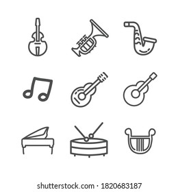musical instruments line icon set, drums, grand piano, dulcimer, Barbitos, violin, trumpet, saxophone
