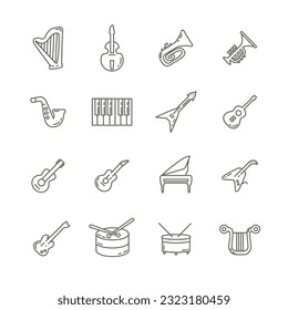 musical instruments line icon set with guitar, piano, drums