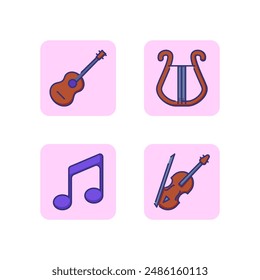 Conjunto de iconos de línea de instrumentos musicales. Guitarra, arpa y violín. Concepto de música Clásica. Ilustración vectorial para Diseños web y App