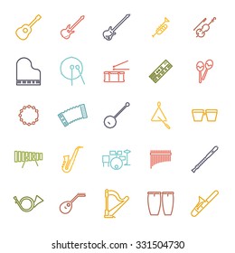 Musical Instruments Line Icon Set. Collection of 25 colored music related symbols